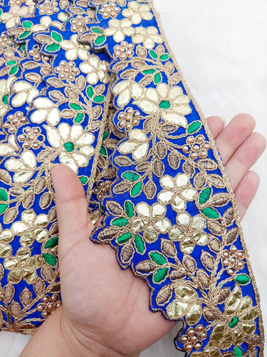 Art Silk Fabric Trim, Floral Embroidery Gold Gota Patti Indian Sari Border Trim By Yard Decorative Trim, Embroidered Indian Foil Work